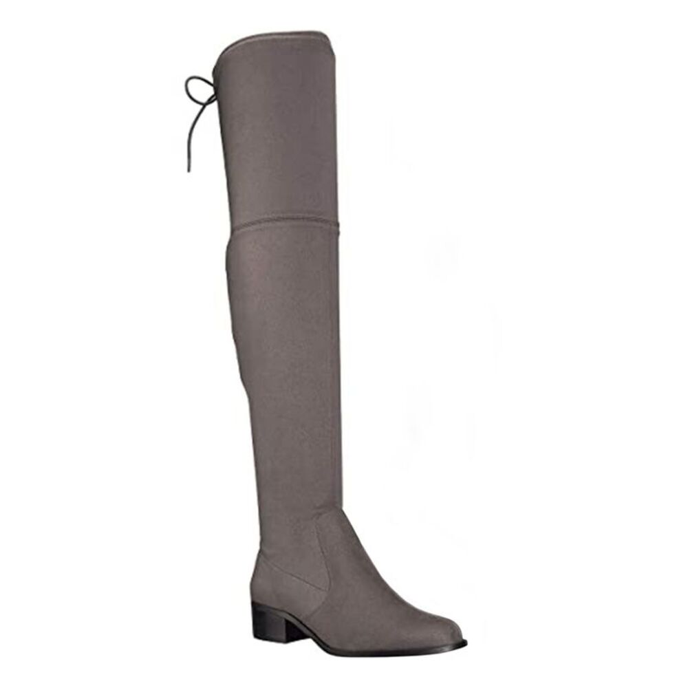 NWT CHARLES Womens Gray Drawstring Round Toe Stacked Heel Dress Boots 7